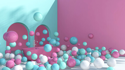 Colorful balloons flying in the room. 3D illustration, 3D rendering	