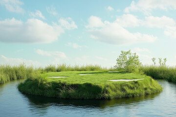 3D rendering of a circle podium on a grass field, isolated against a light blue background with some clouds