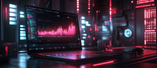 Obraz premium A laptop with a graph on the screen in a dark, techy room with neon lights.