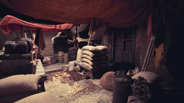 A bustling bazaar showcases a variety of goods stacked in sacks, with colorful fabric overhead. Vendors engage with customers amid piles of merchandise in the lively marketplace.