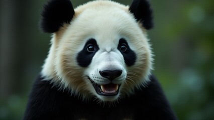 Obraz premium Create a captivating close-up of a giant panda, focusing on its black and white fur, gentle eyes, and playful expression. The background should be blurred, evoking serenity and warmth.