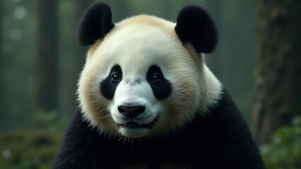 Fototapeta premium Create a captivating close-up of a giant panda, focusing on its black and white fur, gentle eyes, and playful expression. The background should be blurred, evoking serenity and warmth.