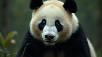 Obraz premium Create a captivating close-up of a giant panda, focusing on its black and white fur, gentle eyes, and playful expression. The background should be blurred, evoking serenity and warmth.