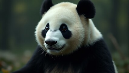 Fototapeta premium Create a captivating close-up of a giant panda, focusing on its black and white fur, gentle eyes, and playful expression. The background should be blurred, evoking serenity and warmth.