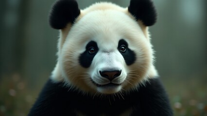 Obraz premium Create a captivating close-up of a giant panda, focusing on its black and white fur, gentle eyes, and playful expression. The background should be blurred, evoking serenity and warmth.