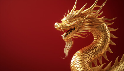 Obraz premium 3D golden chinese dragon on red color background, space for copy