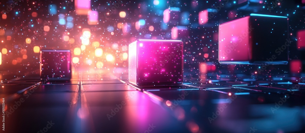 Aufkleber abstract colorful glowing cubes and bokeh lights on a dark background.