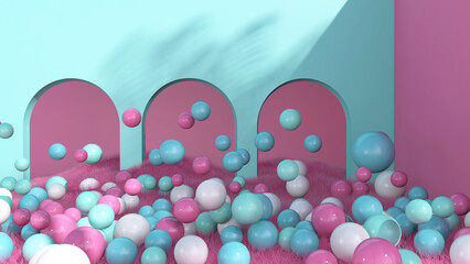 Colorful balloons flying in the room. 3D illustration, 3D rendering	
