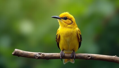Fototapeta premium A yellow bird with a black beak perched on a branch in a green setting