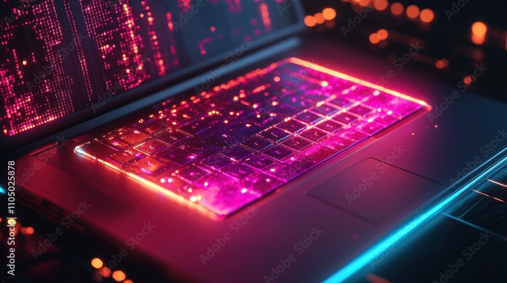 Aufkleber a close-up of a laptop keyboard illuminated with pink and blue neon lights. the screen is open and d