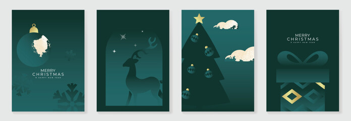 Merry Christmas and Happy New Year greeting card vector set. Luxury invitation with Christmas tree, reindeer, bauble, gift on green background. Design illustration for season's card, ads. © TWINS DESIGN STUDIO
