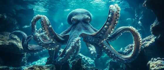Majestic Giant Octopus in Rocky Underwater Cavern Illuminated by Soft Natural Light