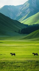 Horses running on field surrounded by  Mountains grassland under vivid blue sky