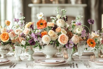 A beautiful floral centerpiece decorates a table with vintage-style plates, silverware, and glasses.