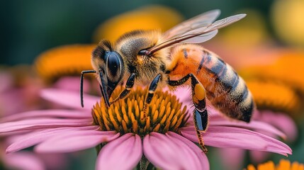 Fototapeta premium A close-up shot of a bee collecting nectar from a pink flower.
