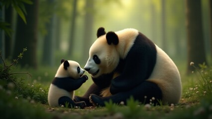 Capture a heartwarming moment of a mother panda gently nuzzling her playful cub. The lush bamboo forest and soft lighting highlight their bond, evoking warmth and tenderness.