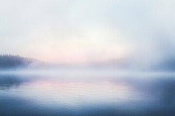 A serene lake with a misty sunrise, the sun is barely visible behind the fog.