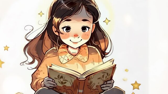 Cute young woman reading book anime style background. 