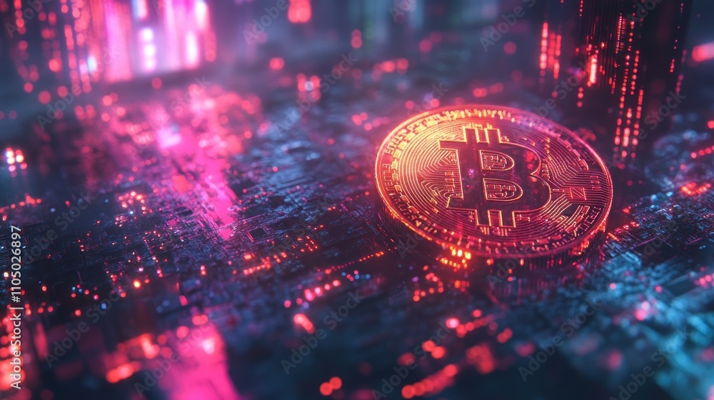 Poster a close-up of a bitcoin cryptocurrency coin on a circuit board with glowing lights.