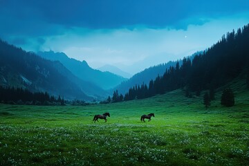 Obraz premium Horses running on field surrounded by Mountains grassland under vivid blue sky