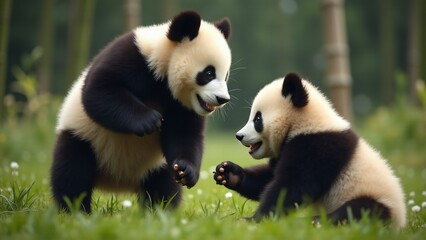Obraz premium Capture the playful spirit of panda cubs climbing, rolling, and tumbling in a lush bamboo forest. Their innocent joy and energetic movements are illuminated by soft natural light.