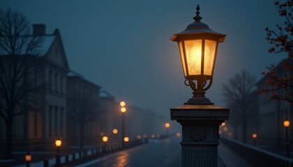 Illuminated street lamp on foggy night