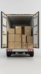 3D rendering of cargo truck with stacked boxes and open back doors