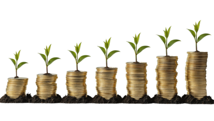 plant and coins, money growing concept isolated of white transparent background 
