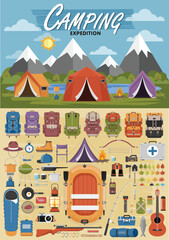 Camping equipment vector collection. . Base camp gear and accessories. Camping icon set. Hiking icons set.