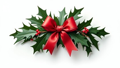 Red bow on a green wreath with red berries and brown stems