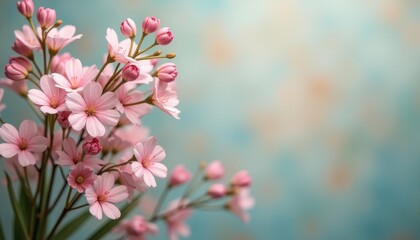 Pink flowers bloom against a blue background