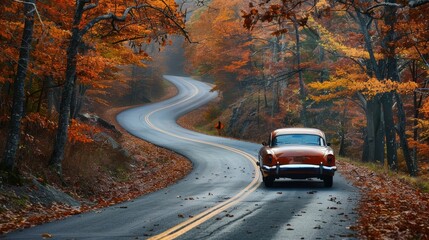 Fototapeta premium A Nostalgic Drive Through Autumn's Colors: Vintage Car on a Winding Road in Nature's Embrace