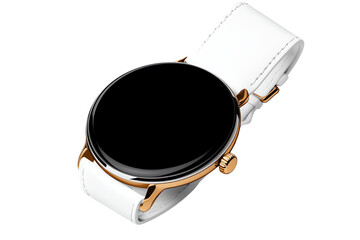 Stylish black watch with gold and white strap on white isolated background.