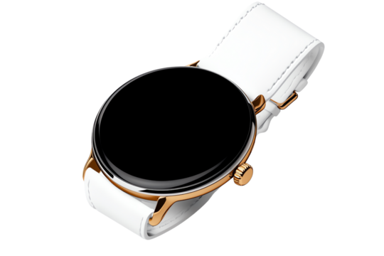 Stylish black watch with gold and white strap on white isolated background.