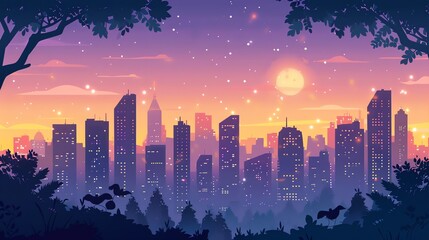 A silhouette of a cityscape at sunset with a full moon in the sky.