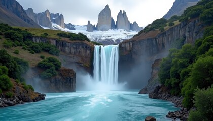 A majestic waterfall cascades into a vibrant blue river surrounded by towering mountains and lush greenery