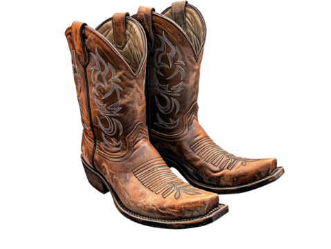 Stylish brown cowboy boots with intricate designs, white isolate background.