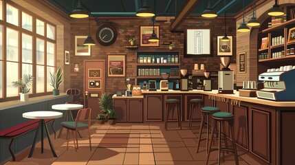 A cartoon illustration of a cafe interior.