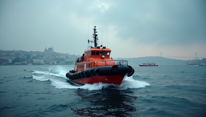Fototapeta premium Orange rescue boat speeding across water
