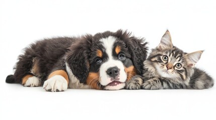 Fototapeta premium Puppy and kitten relaxing together on a white background, showcasing their adorable friendship