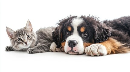 Obraz premium Two adorable pets relax together on a white background, showcasing the bond between a puppy and a kitten in a cozy moment