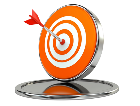 Target symbol with arrow on a reflective surface, white isolate background