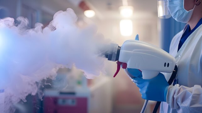 Medical professional using a fogging device for disinfection