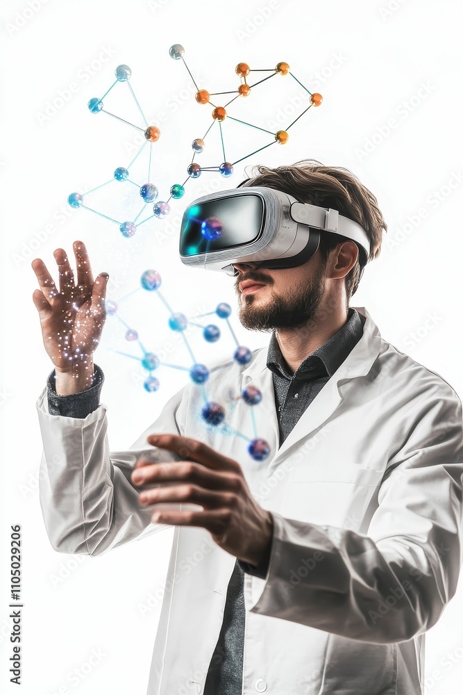 Poster scientist in lab coat interacts with virtual molecules.