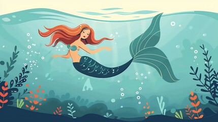 Obraz premium A cartoon mermaid with long red hair and a green tail, swimming in the ocean.