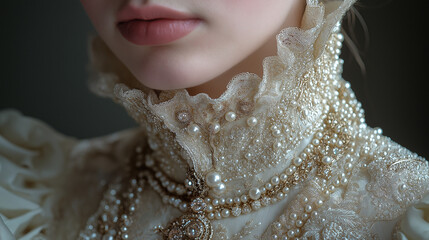 Elegant Close-Up of Vintage Lace and Pearl Embellished Victorian Collar