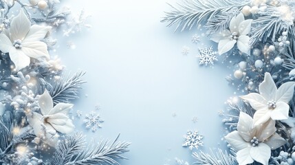 Winter flower winter background with copy space for text and advert. Generative AI technology.	
