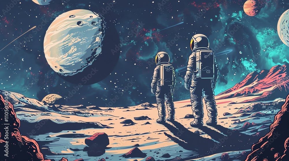 Aufkleber a digital illustration of two astronauts standing on an alien planet and looking at a large red plan