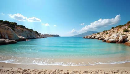 Clear blue sky above a beach with turquoise water