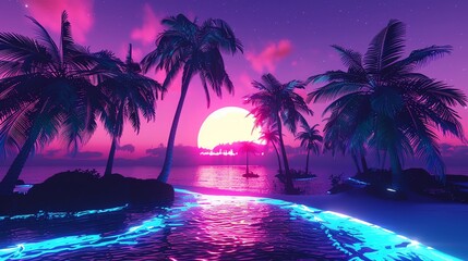 A tropical beach at sunset with glowing blue water and a pink sky.